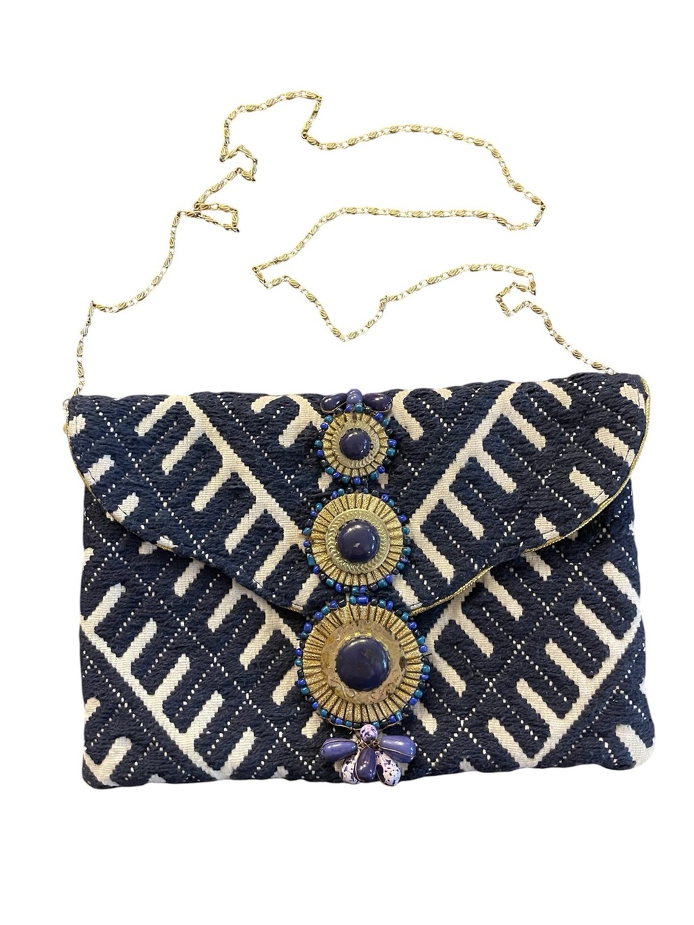 Steve Madden Zada Navy & Cream Beaded Envelope Clutch with removable Gold Chain